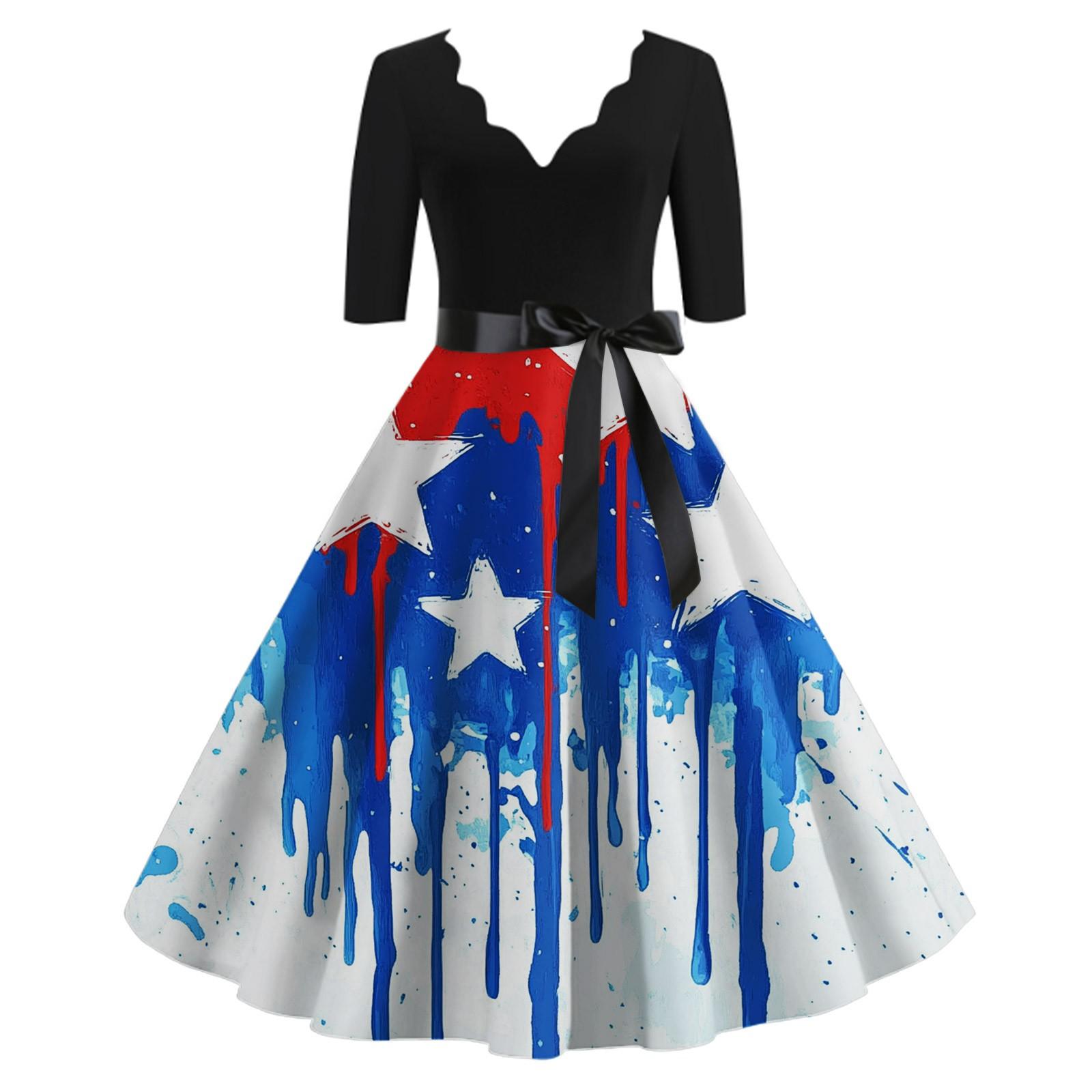 

Женское повседневное и модное платье Independent Day с принтом, V-образным вырезом и поясом на талии с семью точками XL белый