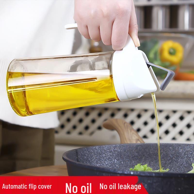 Leak-Proof Auto Open-Close Glass Oil Pot for Kitchen - Small/Large Sizes for Oil, Soy Sauce, Vinegar & Seasonings