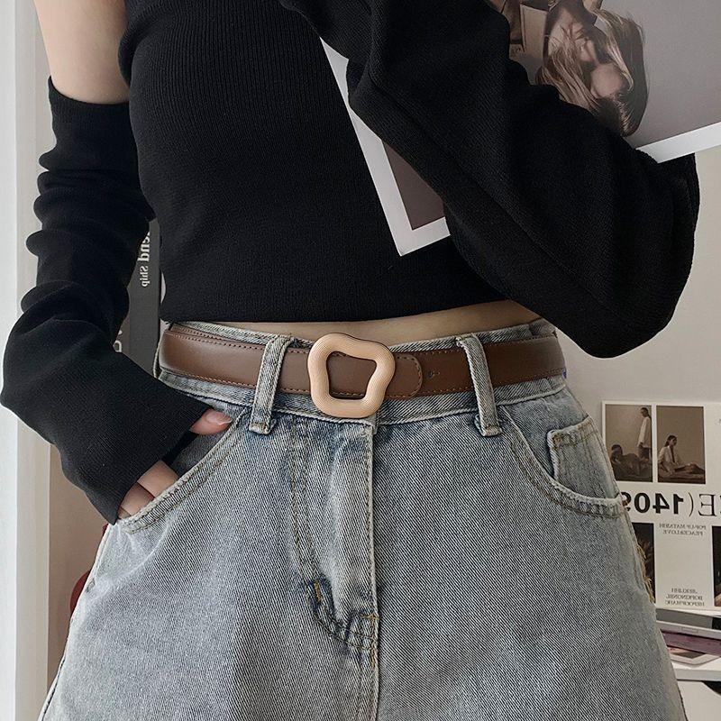 Stylish Ladies Casual Denim Pants With Unique Irregular Geometric Design And Belts StyleC