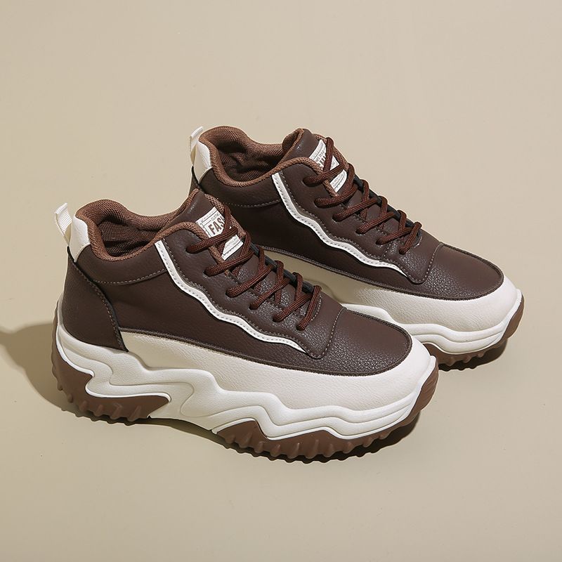 Autumn Women's High Top Lace Up Shoes Korean Style Thick Sole Height Increase Versatile Chunky Sneakers for Sports Casual