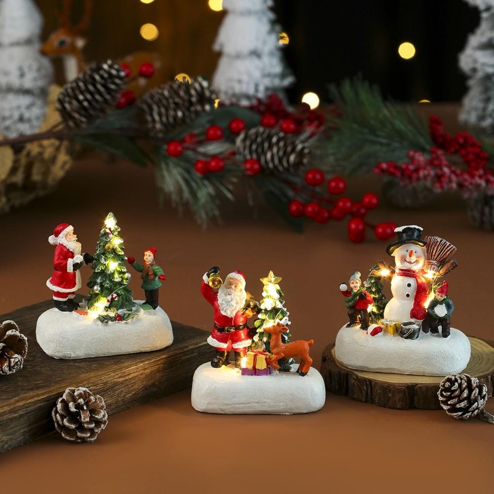 Christmas Resin Village Scene Decoration with LED Light for Tabletop Featuring Snowman Santa Tree Festive Display