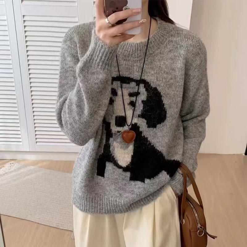 Women's Grey Cartoon Pattern Wool Sweater, Round Neck, Loose Fit, Short Style for Petite Figures - Perfect for Autumn/Winter Layering or Solo Wear