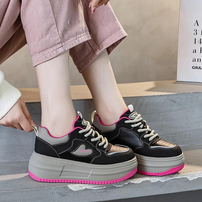 Fashion 6.5CM Genuine Leather Chunky Sneaker Flats Booties New Spring Autumn Women Vulcanize Comfy Spring Mixed Color Ankle Boots Shoes