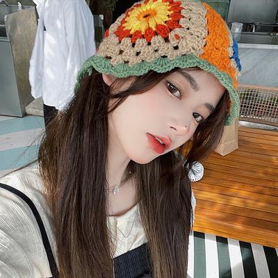 Japanischer Blumen-Fischerhut für Damen, Sommer-Hyuna-Stil Hohlstrick-Wollhut, der das Gesicht kleiner aussehen lässt, Herbst und Winter
