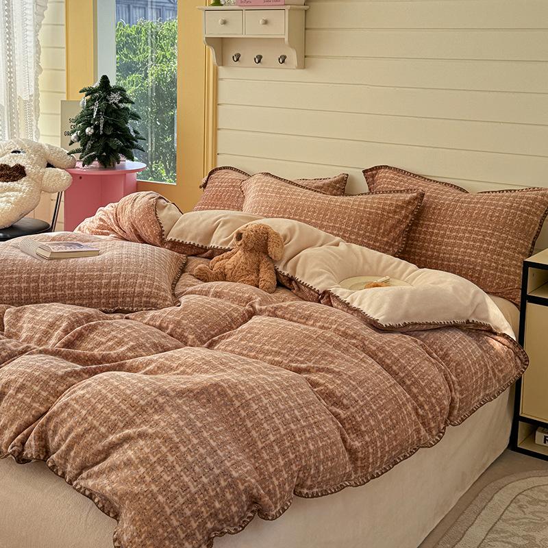 Wuyin Style Skin-Friendly Thickened Milk Fleece Four-Piece Set Dormitory Three-Piece Set Bed Sheet Quilt Cover Bedding