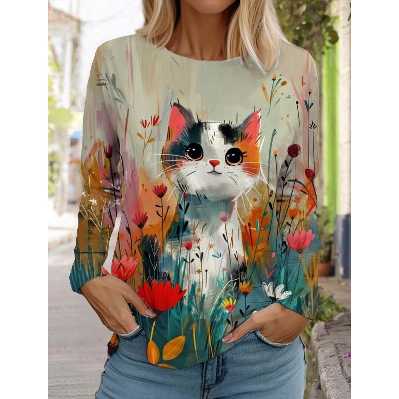 

Футболка с длинными рукавами для женщин с рисунком «Art Cute Cat», одежда с 3D-принтом, осенняя мода, одежда с изображением животных, праздничная подарочная одежда, футболка для вечеринки 8XL