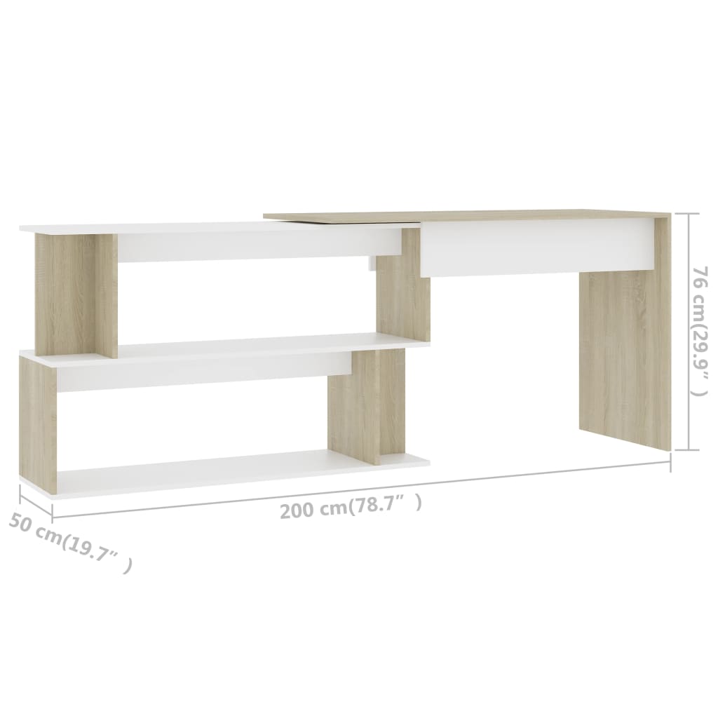 Corner Desk White & Sonoma Oak 200 x 50 x 76 cm Engineered Wood
