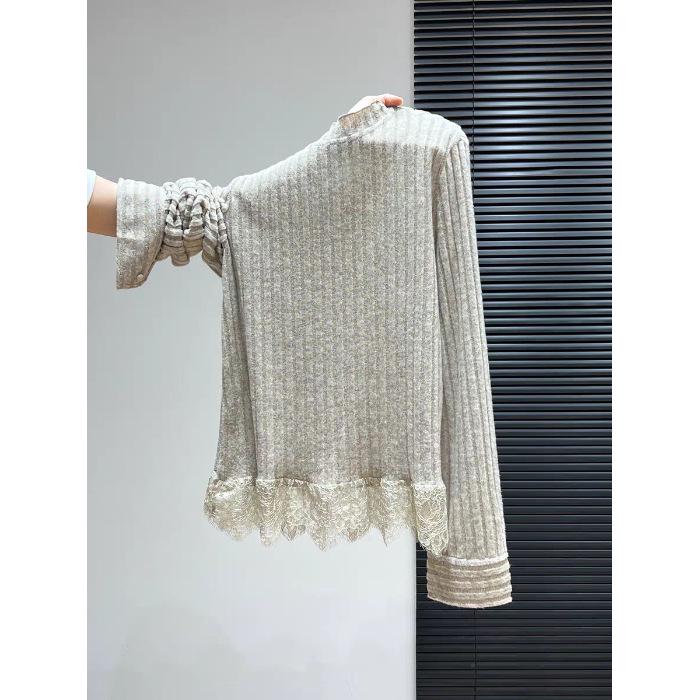 Korean Lace Hem Long Sleeve Winter Top with Half-High Neck Small