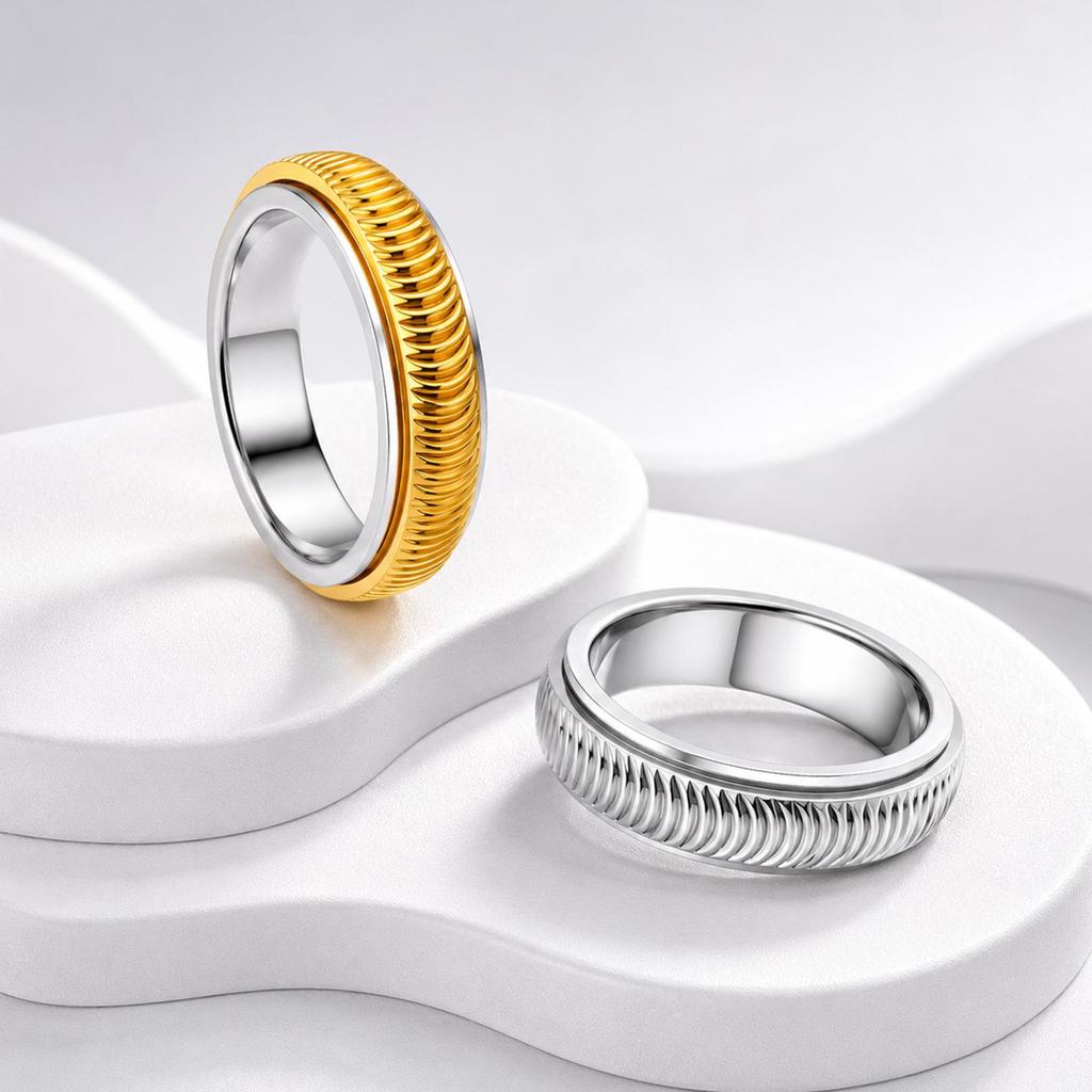 Rotatable Twill Texture Stainless Steel Gear Pattern Men's Decompression Ring