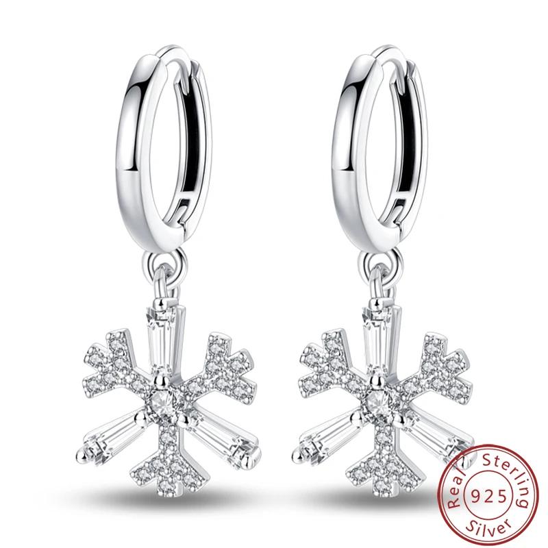Women's Romantic 925 Silver Snowflake Star Shining Zircon Christmas Winter Earrings Fit Wedding Party Exquisite Jewelry