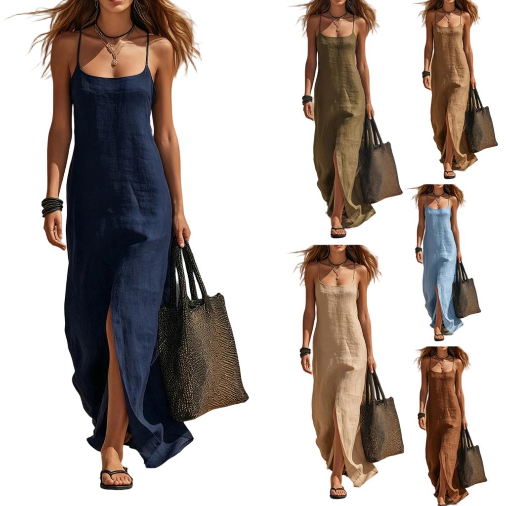 Women's V Neck Maxi Dress Summer Casual Vacation Dress Sleeveless Long Dress with Side Slit Lightweight Loose Fit Dress