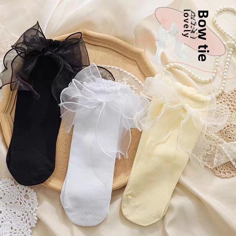 5 Pairs of Female Summer Love Sweet Mesh Bow Pile Socks