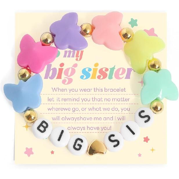 Big Sister Bracelets, Heart Charm Beads Stackable Bracelet Surfer Stretch Accessories Jewelry Gift for Big Sis A-Butterfly