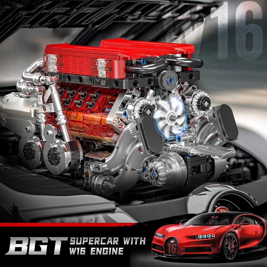 Mould King 10163 Technology W16 Engine Block 955 Pieces Engine Block Set Gifts for Boys and Girls Toy, (Red)