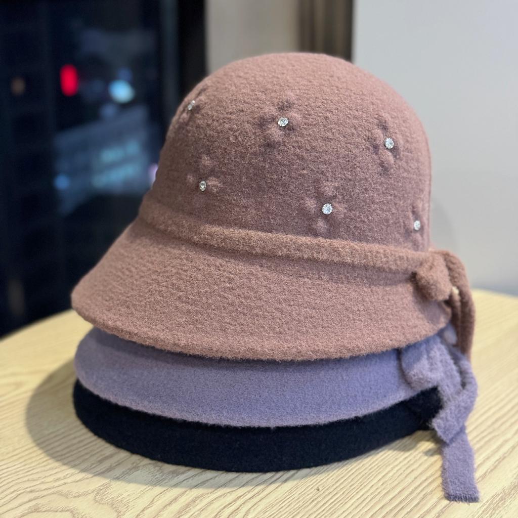 New Winter High-end Handmade Woolen Hat with Rhinestone Decoration, Japanese-style Warm Fisherman Hat, Elegant Women's Bucket Hat, Trendy
