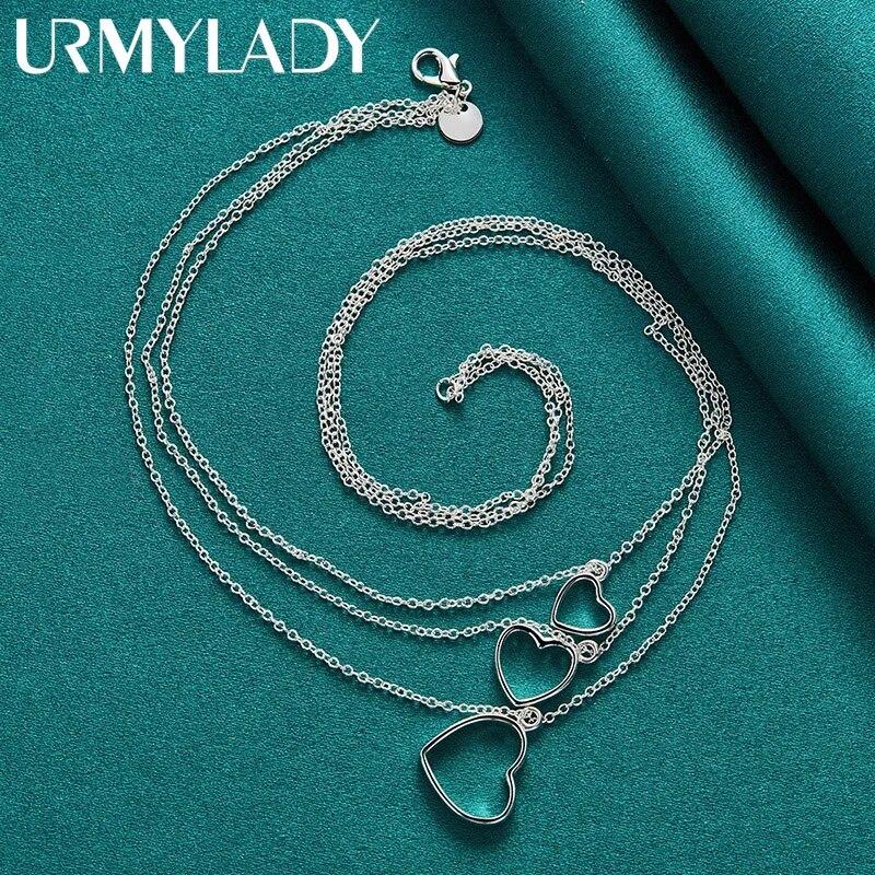 URMYLADY 925 Sterling Silver Three Heart Frame Pendant Necklace For Women Wedding Party Fashion Jewelry