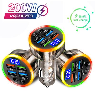 Chargeur de voiture 200 W 6 ports, charge rapide PD QC3.0 USB C, adaptateur de type C pour iPhone, Samsung, Huawei, Xiaomi