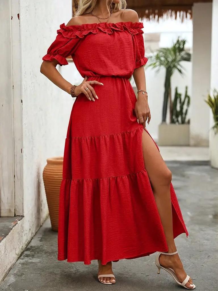 New, summer one-word shoulder fungus edge waist side split dress women