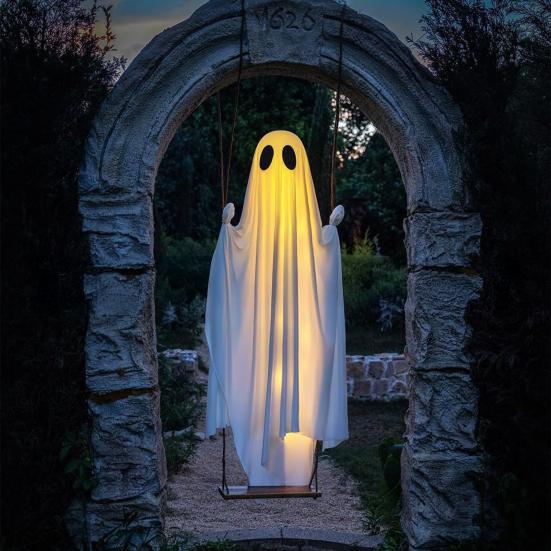 Altalena Pendente Grande 5FT Decorazione di Halloween Fantasma Altalena Esterna Illuminata a LED Fantasma Bianco per Portico Cortile Giardino Decorazione Albero