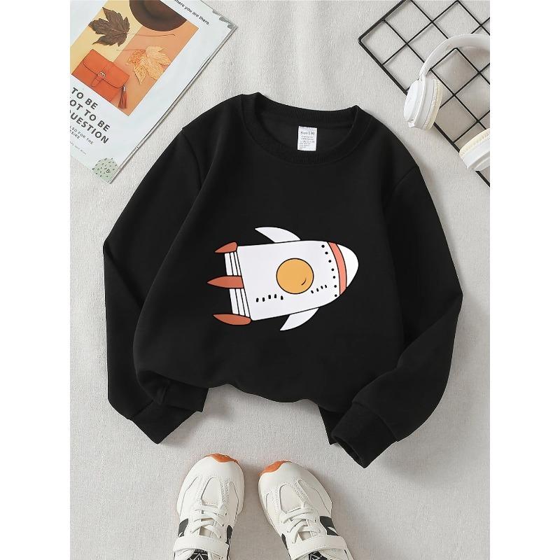 European sizes Kids' Crewneck Sweatshirt - Rocket Ship Pattern Print Design , Sportswear And Casual Wear, Soft And Comfortable, Clothing, Teenagers