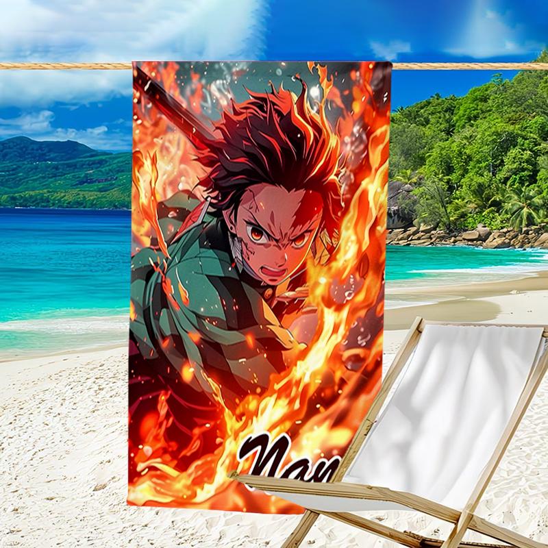 1pc Demon Slayer1 Beach Towel with Custom Name, Beach/Swimming/Bath/Picnic/Camping Towel, Suitable for Seaside Beaches