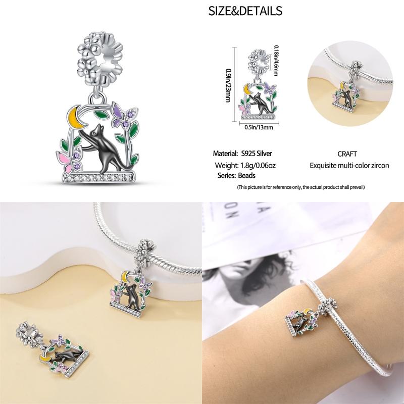 100% Real S925 Silver Moon Black Cat Charms Fit Qikaola Bracelet&Bangle For Women Birthday Fine Jewelry Gift