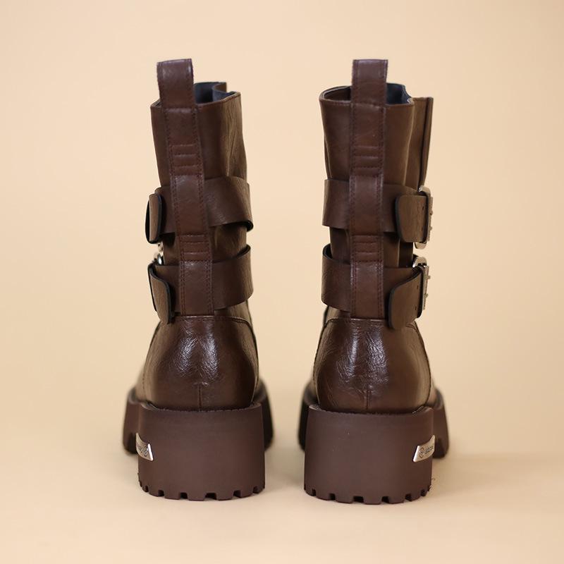 2025 Dámské podzimní/zimní boty Martin v britském stylu: Kotníkové boty na silné podrážce, s kulatou špičkou a zeštíhlující přezkou v pase