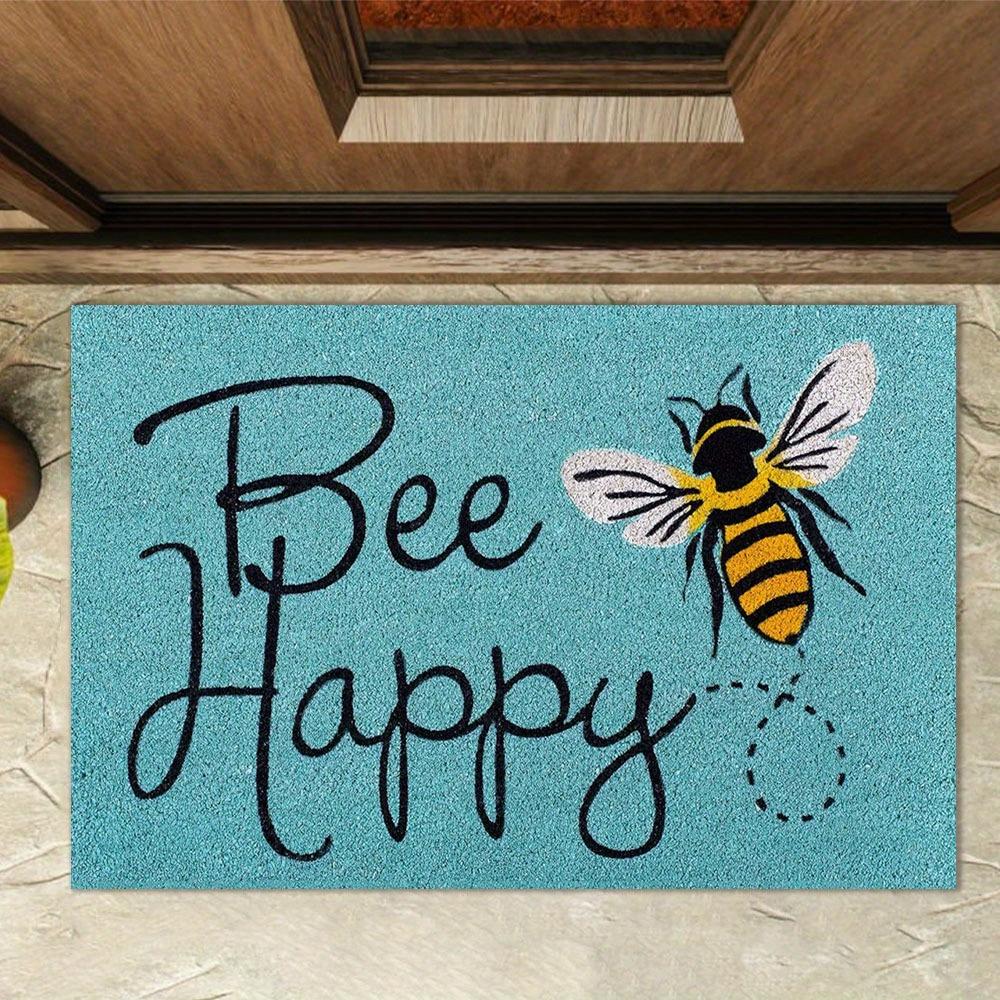 "Bee Happy" Funny Greeting Welcome Doormat, Non Slip Floor Mat for Entryway Living Room and Kitchen, Indoor Outdoor Home Decor