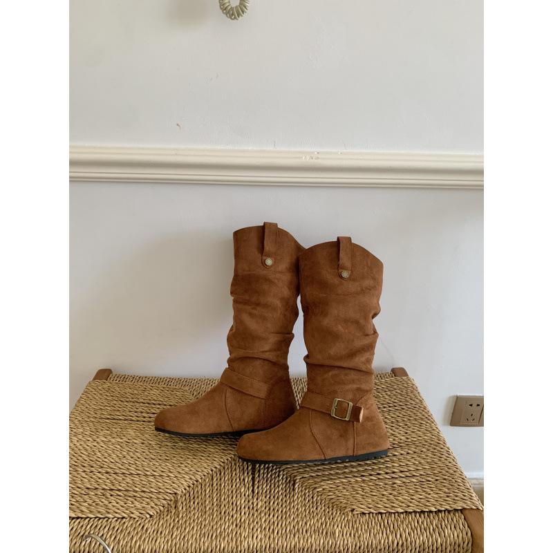 Retro boots women's autumn 2025 new models but knee-thin boots inner height increase folds pile boots