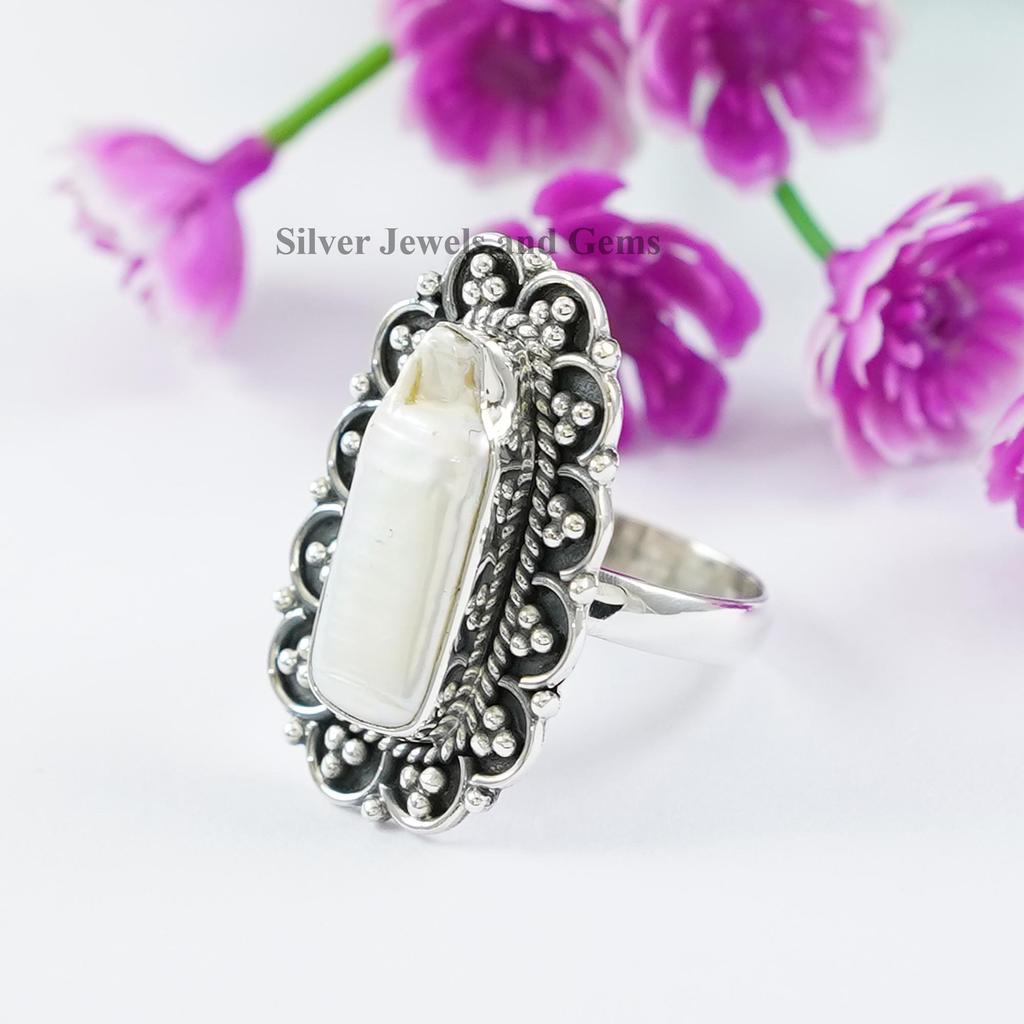 Handmade Sterling Silver Biwa Pearl Ring, Boho Floral Design Ring