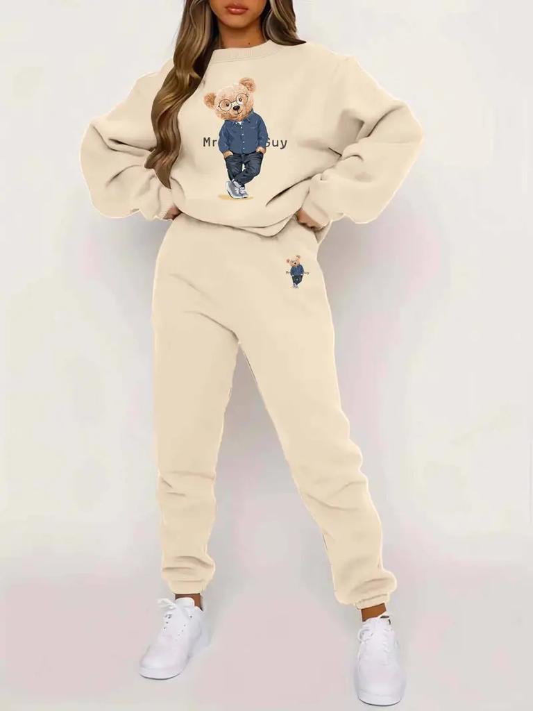 Versatile Cartoon Bear 3D Printing Two-Piece Set Long-Sleeved Sweater Trousers Casual Loose Sweater Set