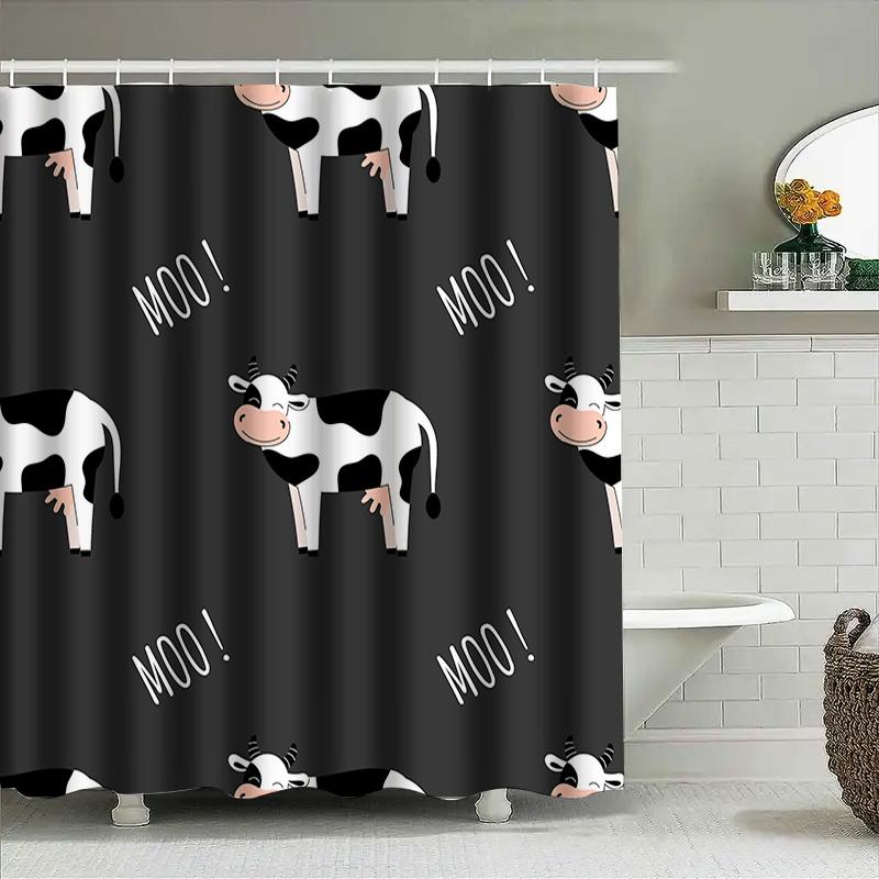 Adorable Cow Print Shower Curtain With Hook Rings For Bathroom Decor Black White Design 72 Inches Long (180Cm)