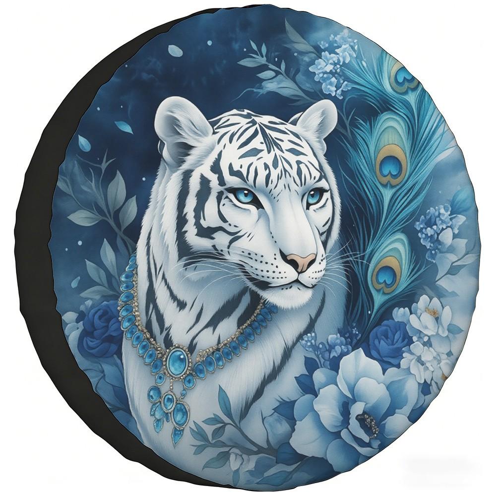 White Tiger Peacock Print Spare Tire Cover Waterproof Dustproof Protector for SUV Truck RV