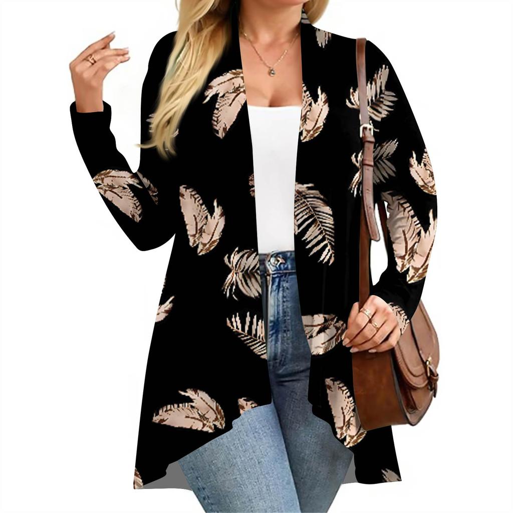 Damen Herbst- und Wintermode Lässiger Print Langarm Mittellange Strickjacke Jacke