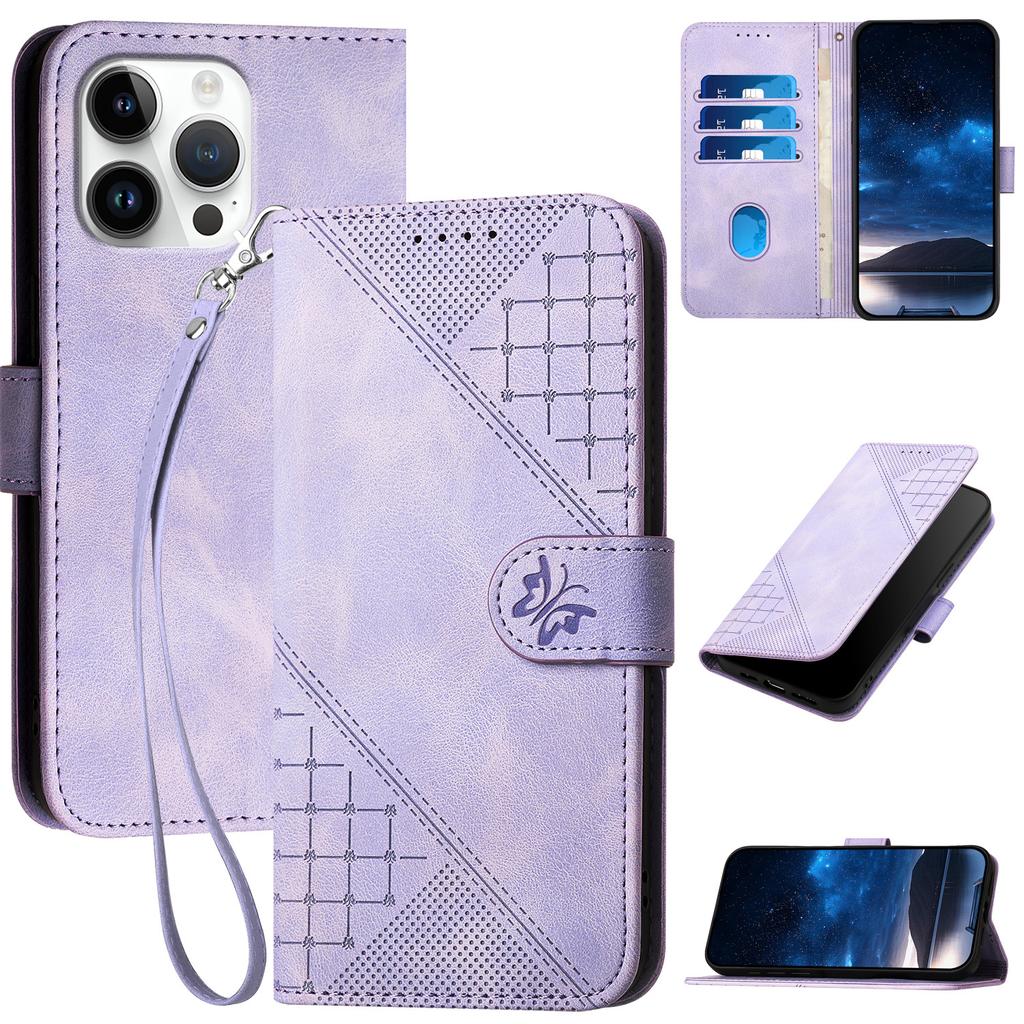 For iPhone 16 Pro Max Leather Wallet Case Butterfly Flower Imprinted Phone Cover with Strap