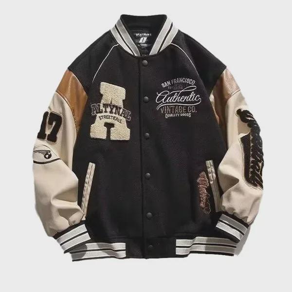 Trendige Herren-Baseballjacke mit Stickerei – Frühling/Herbst Street Style, Lockerer Schnitt, Leder Freizeitkleidung