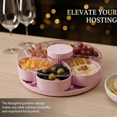Rotating Snack Serving Tray with Compartment Platter Lids Spinning for Dips Veggies Fruits Space-Saving Kitchen