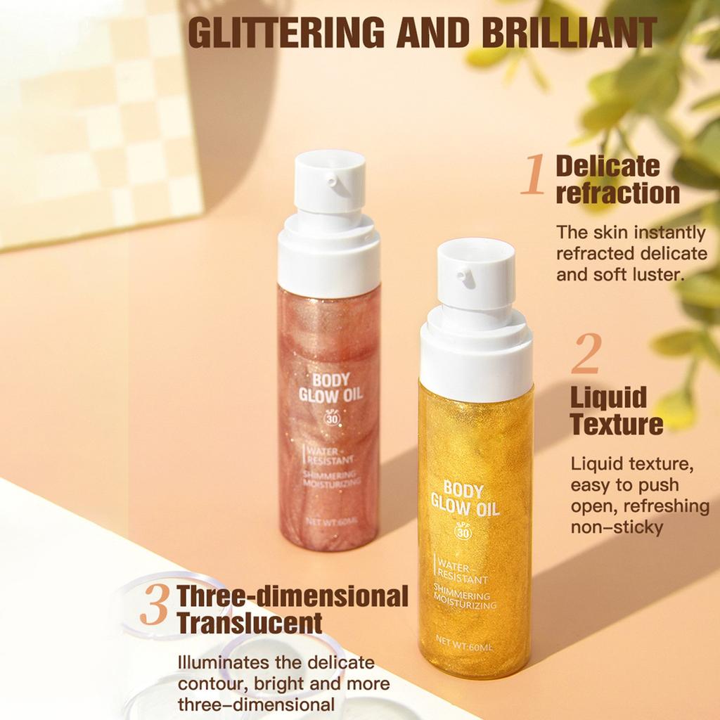 Sunscreen Glow Oil, Flash Body Oil, Non-stick Texture, Glow, Golden Rose Color, 60ML