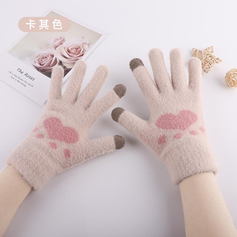 New Thermal Gloves Women's Winter Cute Cat Claws Piled Thickened Wool Knitted Touch Screen Gloves
