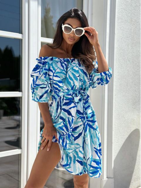Summer Simple One-word Shoulder Short-sleeved Printed Dress Women's Clothing