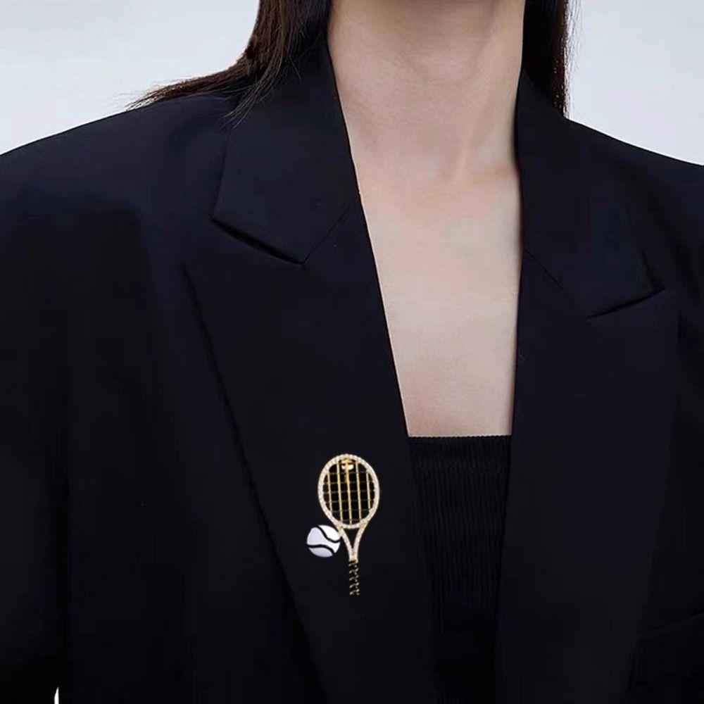 Zircon Enamel Metal Clothes Pin Rhinestone Gold Brooch Fashion Tennis Racket Brooch  Gift