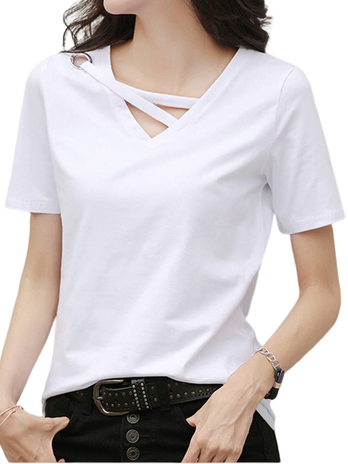 

cut and short street Harajuku summer summer cool one white [J.STORE] T-shirt, sew, V-neck, women s, sleeve, top, v-neck, spring, summer, Korean, белый