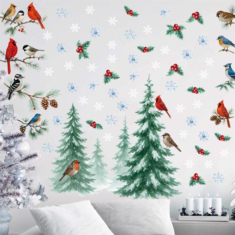 Christmas Decorations, Christmas Tree Branches, Red Birds, Christmas Birds, Glass Window Decorations, Stickers, Self-adhesive Wall Stickers