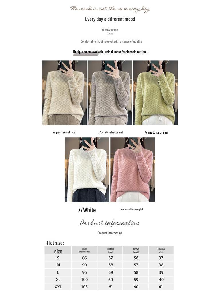 Women's Autumn Winter Thick Wool Sweater - Korean Style Half High Collar, Hollow Out Floral Design