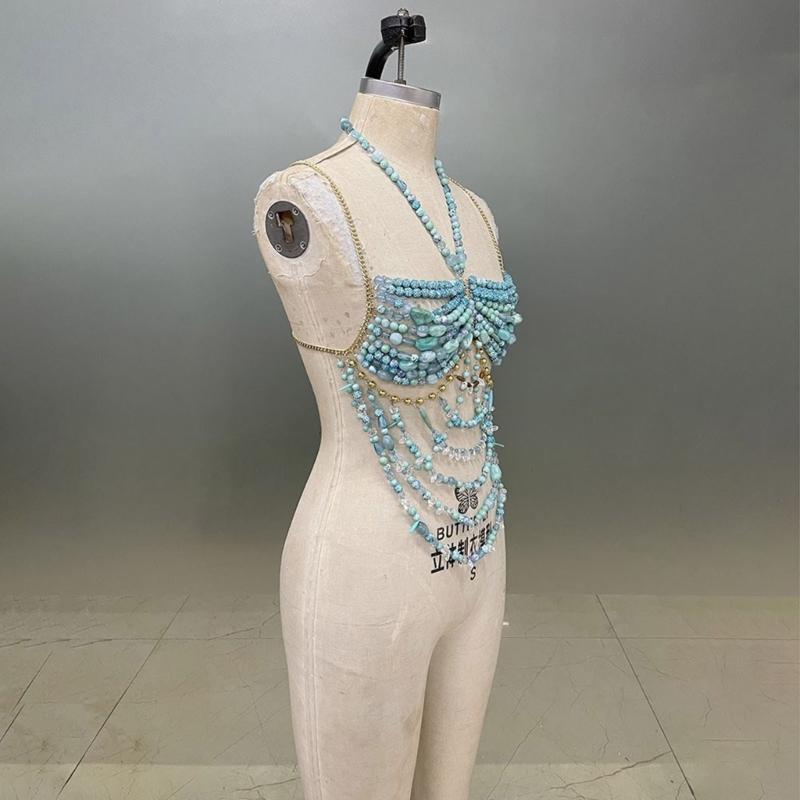 Sleeveless Acrylic Beaded Fringe Tassels Top Summer Casual Party Outfit Music Festival Body Chain Camisole for Women