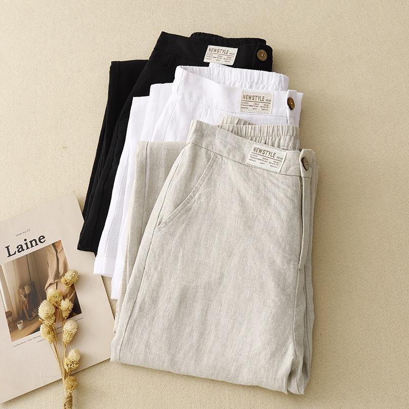 2025 spring new solid color high waist cotton and linen casual trousers women's fashion loose drape high waist straight pants