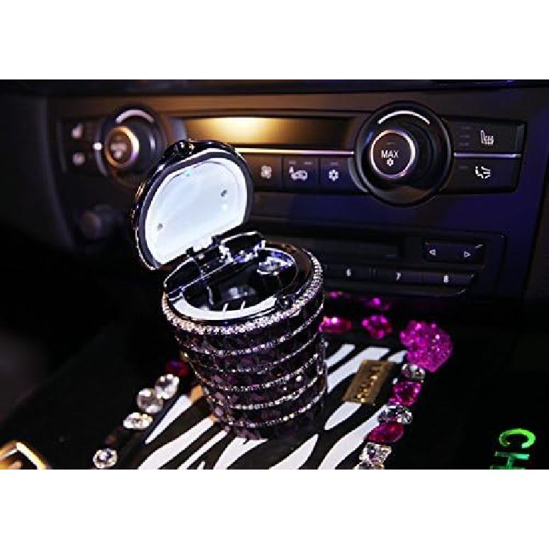Car Ashtray Diamond Bling Car Ashtray with Blue LED Light Smokeless Stand Cylinder Cup Holder (Dark Purple)
