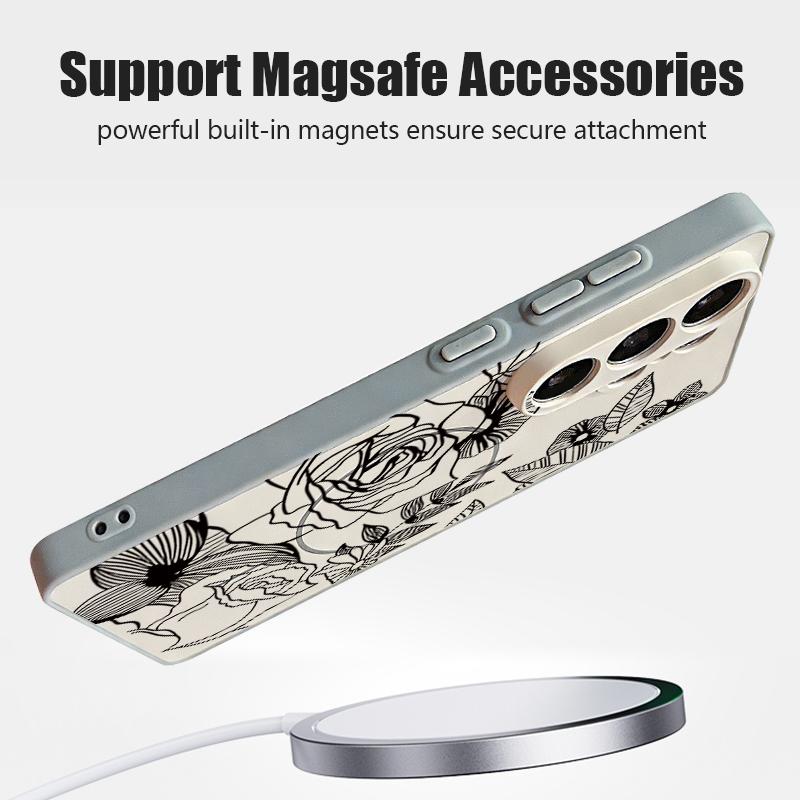 Magnetic For Magsafe Case For Samsung Galaxy S26 Ultra S25 Edge S24 Plus S23 FE S22 A54 A55 A56 5G Line Rose Flowers Leaves Pattern Matte Cover