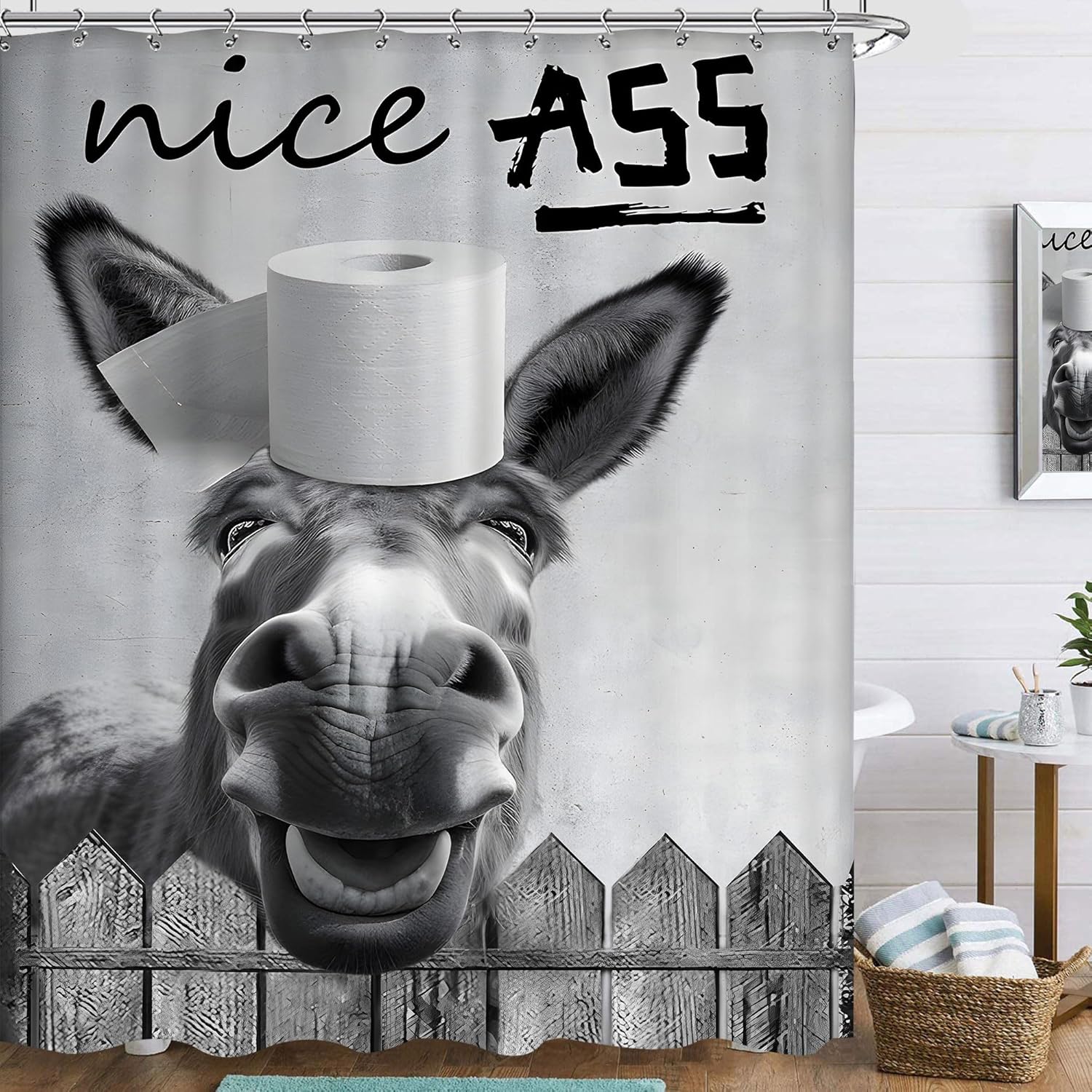 

Funny Donkey Shower Curtain 60Wx72L Inch Farmhouse Cute Animal Rustic Country Black White Wooden Planks Western Rural Print Bath W60H190(CM)-1 Pcs