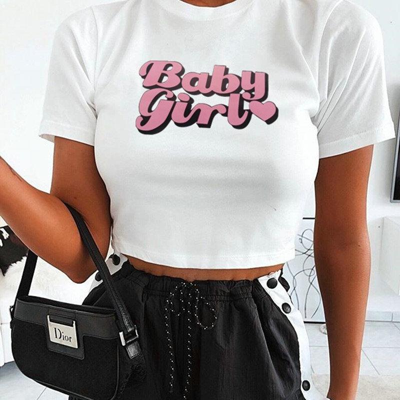 Damen Baby Mädchen Buchstaben-bedrucktes Slim-Fit Kurzarm-T-Shirt